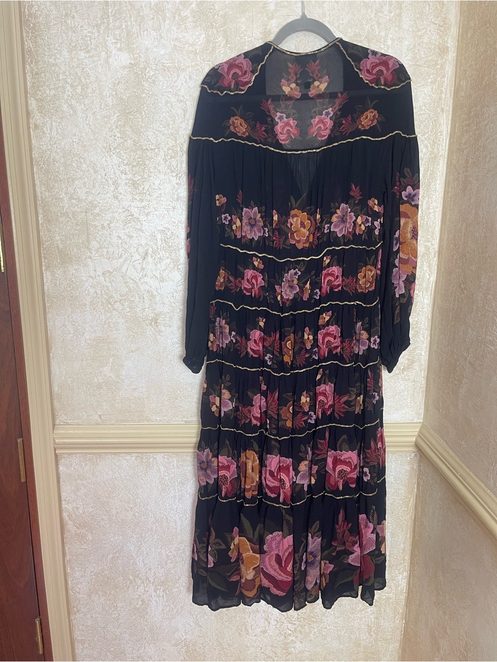 Farm Rio Black Chenille Flowers Long Sleeve Maxi Dress S Cottagecore Whimsigoth - Picture 6 of 13
